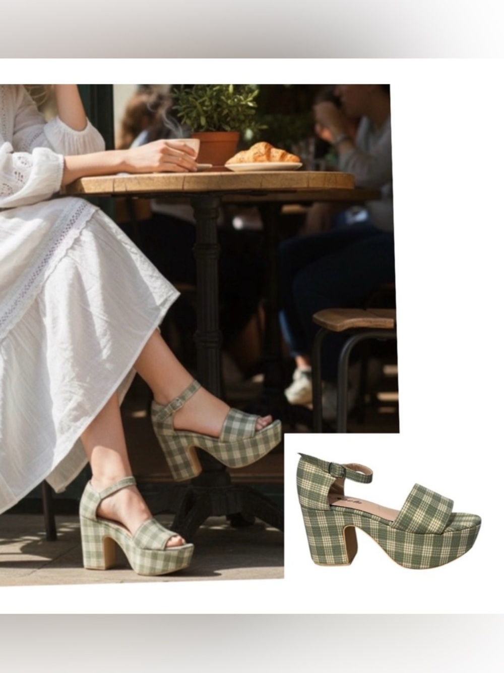 Sage Green and Cream Plaid Platform Sandals size 8 Cottagecore Bohemian trendy
